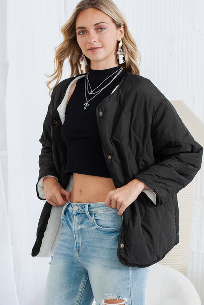 Black Snap Button Furry Reversible Quilted Coat
