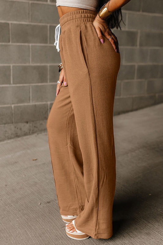Coffee Drawstring High Waist Wide Leg Waffle Knit Pants