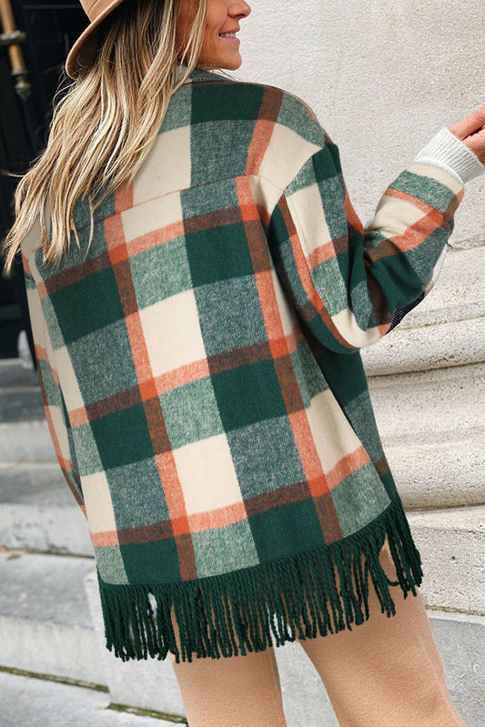 Black Plaid Snap Button Pocket Fringed Hem Shacket