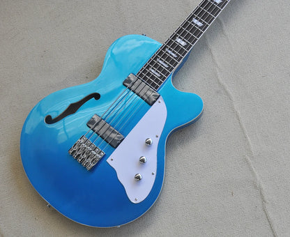 5 Strings Semi Hollow Metal Blue Electric Bass Guitar with Rosewood Fretboard,22 Frets