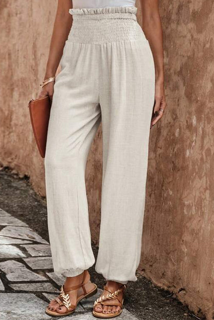 Apricot Smocked High Waist Loose Jogger Pants