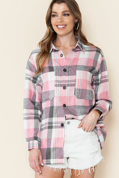 Pink Long Sleeve Collared Button Up Flannel Shacket