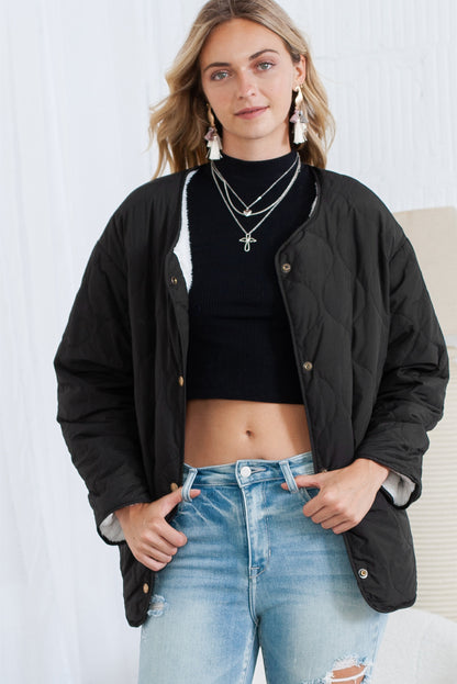 Black Snap Button Furry Reversible Quilted Coat