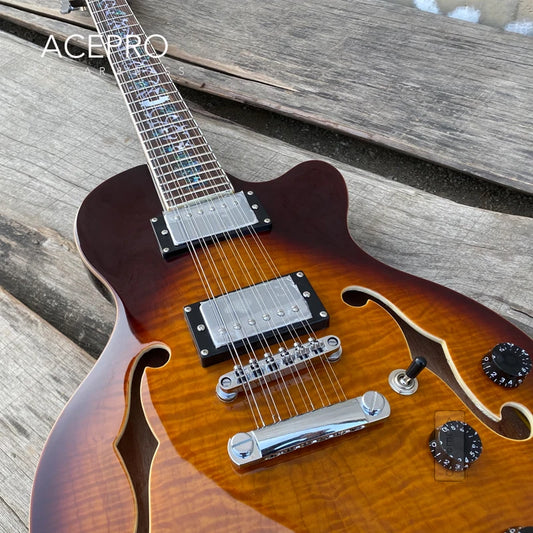 GROTE 12 String F holes Semi Hollow Body Electric Guitar (Sunburst Flamed Maple with Abalone Flower Inlays)