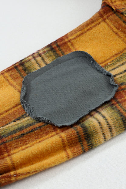 Orange Plaid Patchwork Frayed Trim Snap Button Hooded Jacket