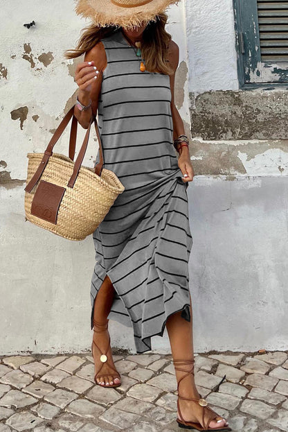 Brown Striped Backless Casual Side Slits Maxi Dress