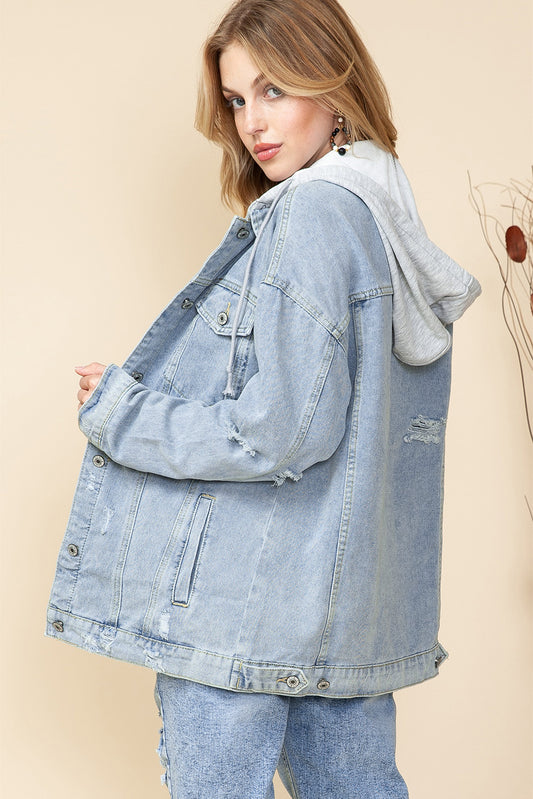 Light Blue Button Up Ripped Hooded Denim Jacket