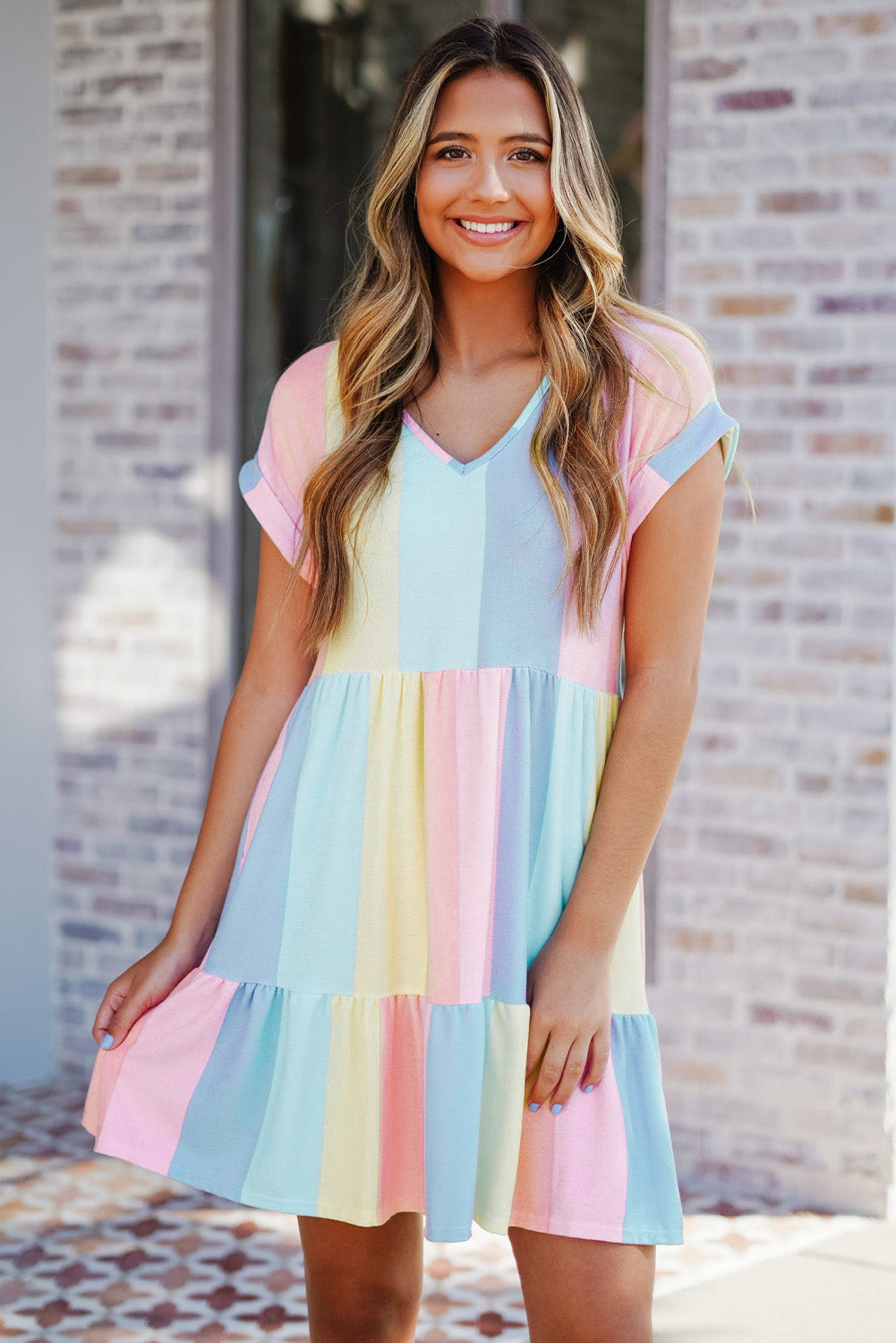 Red Multicolor Striped Color Block Tiered Short Dress