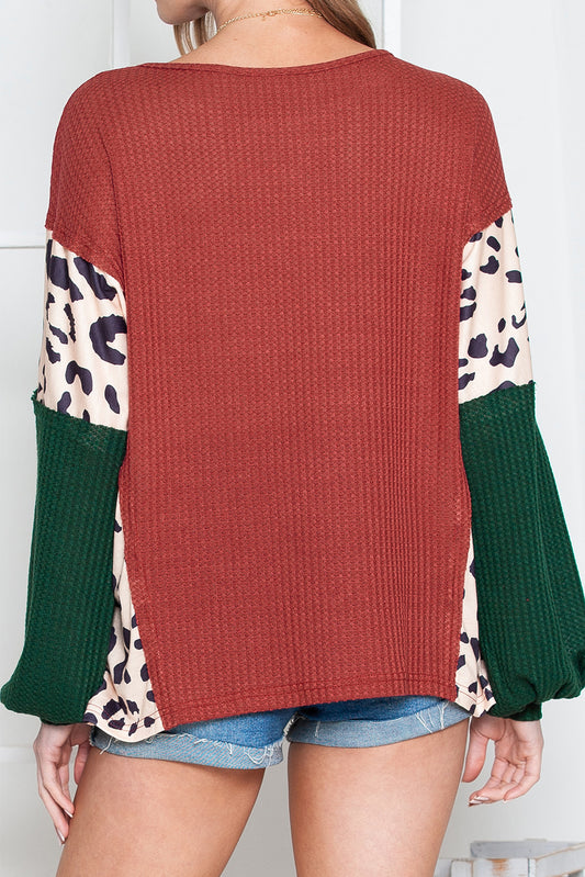 Brown Waffle Leopard Splicing Bishop Sleeve Top