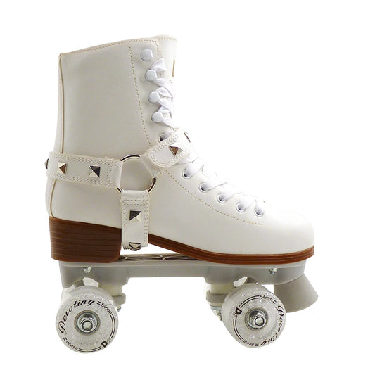 White Boots with Spiked Strap Style Quad Roller Skates