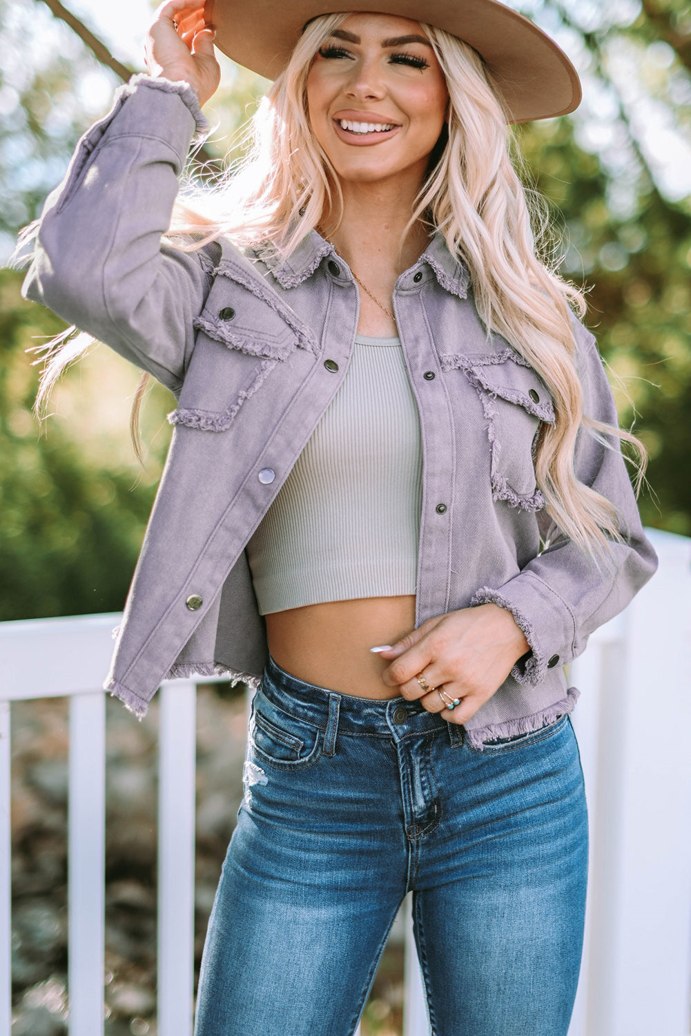Green Distressed Flap Pockets Frayed Hem Denim Jacket