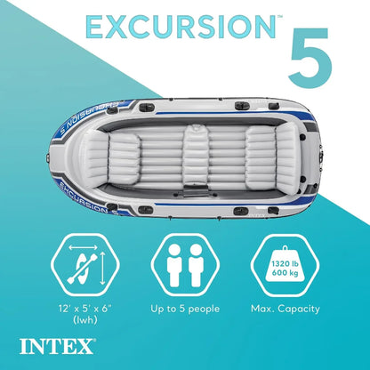 Excursion Inflatable Boat Series: Includes Deluxe 54in Boat Oars and High-Output Pump – Super Tough PVC – Adjustable Seats