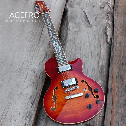 12 String Cherry Sunburst Electric Guitar, Semi Hollow Body, Abalone Flower Inlay, Flame Maple Top