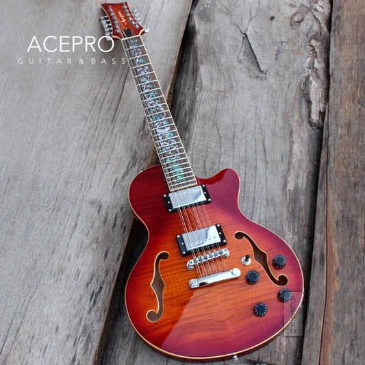12 String Cherry Sunburst Electric Guitar, Semi Hollow Body, Abalone Flower Inlay, Flame Maple Top