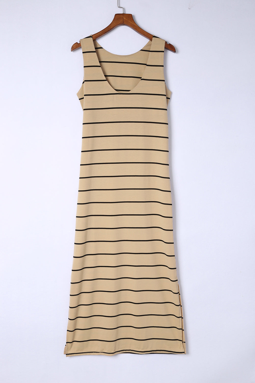 Brown Striped Backless Casual Side Slits Maxi Dress