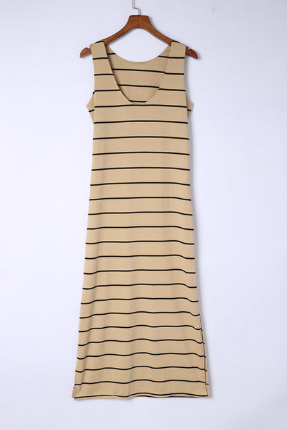 Brown Striped Backless Casual Side Slits Maxi Dress