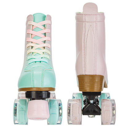 Green Pink Suede Quad Roller Dance Skates with LED Wheels
