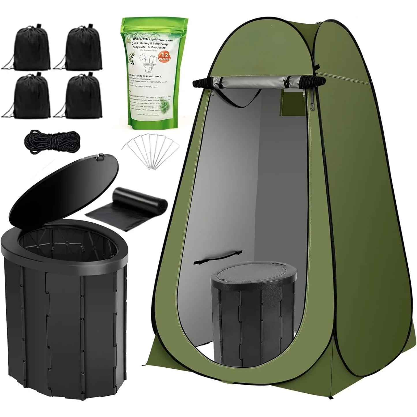 X Large Camping Folding Toilet, 12 Toilet bags, 12 pack Liquid Waste