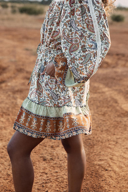 Multicolor Lace Splicing Split Neck Paisley Ruffle Mini Dress