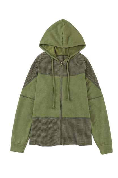 Khaki Dark Washed Patchwork Zip Up Hooded Jacket
