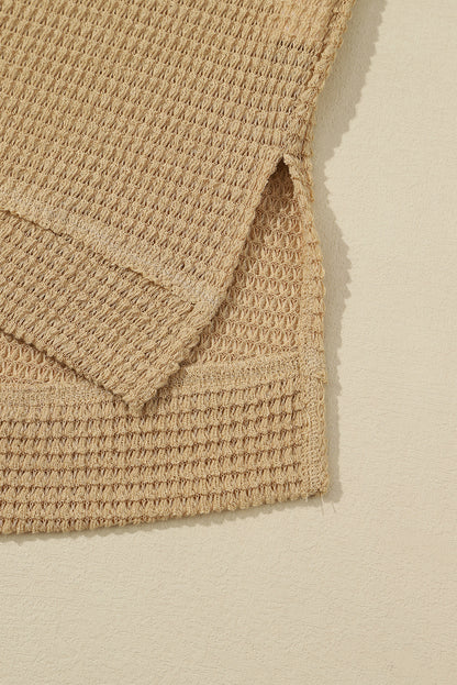 Green Waffle Knit Drop Sleeve High Slits Oversized Top