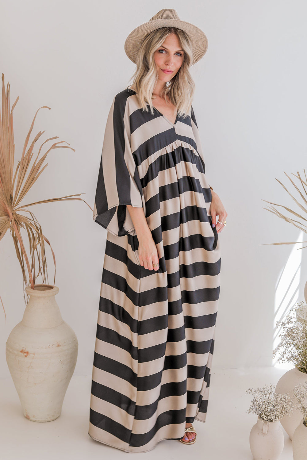 Black Striped Colorblock Flounce Sleeve Floor Length Dress