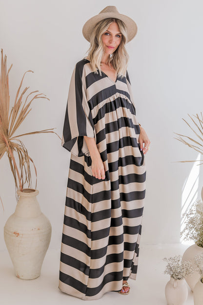 Black Striped Colorblock Flounce Sleeve Floor Length Dress