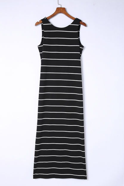 Brown Striped Backless Casual Side Slits Maxi Dress