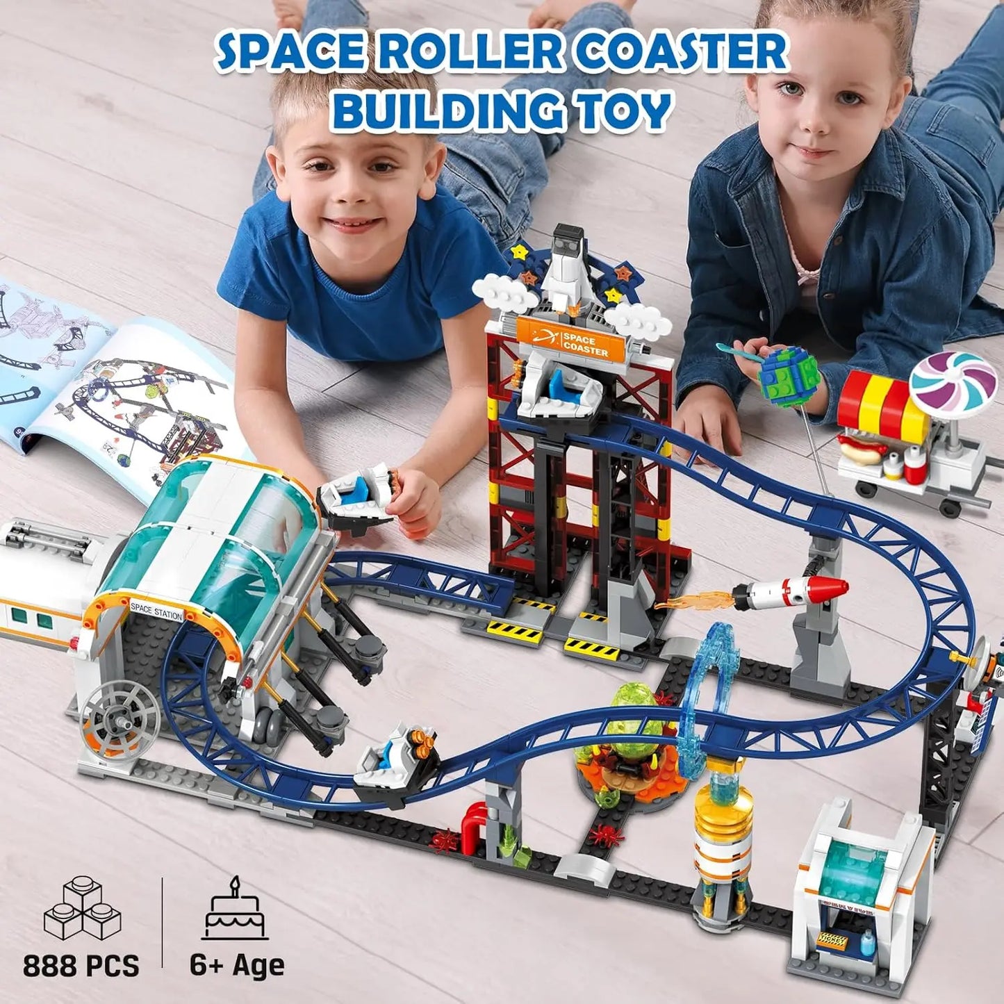 HOGOKIDS Space Roller Coaster Building Toy-888PCS Building Set Features Lift Platform, Satellites, Rocket Buildable  Park