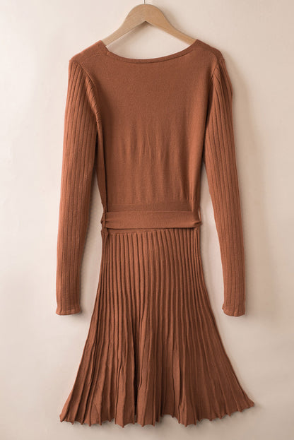 Brown Belted Wrap V Neck Ribbed Pleated Sweater Dress
