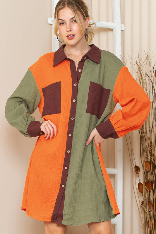 Brown Crinkled Patchwork Button Up Loose Mini Dress