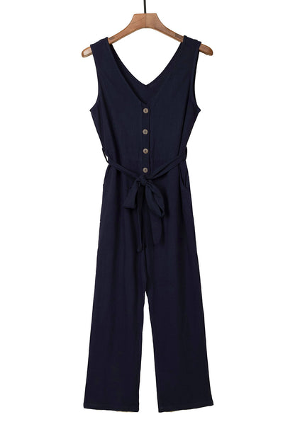 Blue V Neck Button Belted Jumpsuit With Pockets