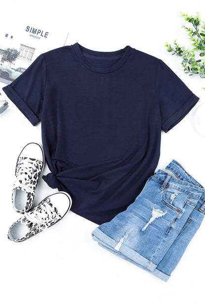 Green Plain Solid Color Crew Neck Tee