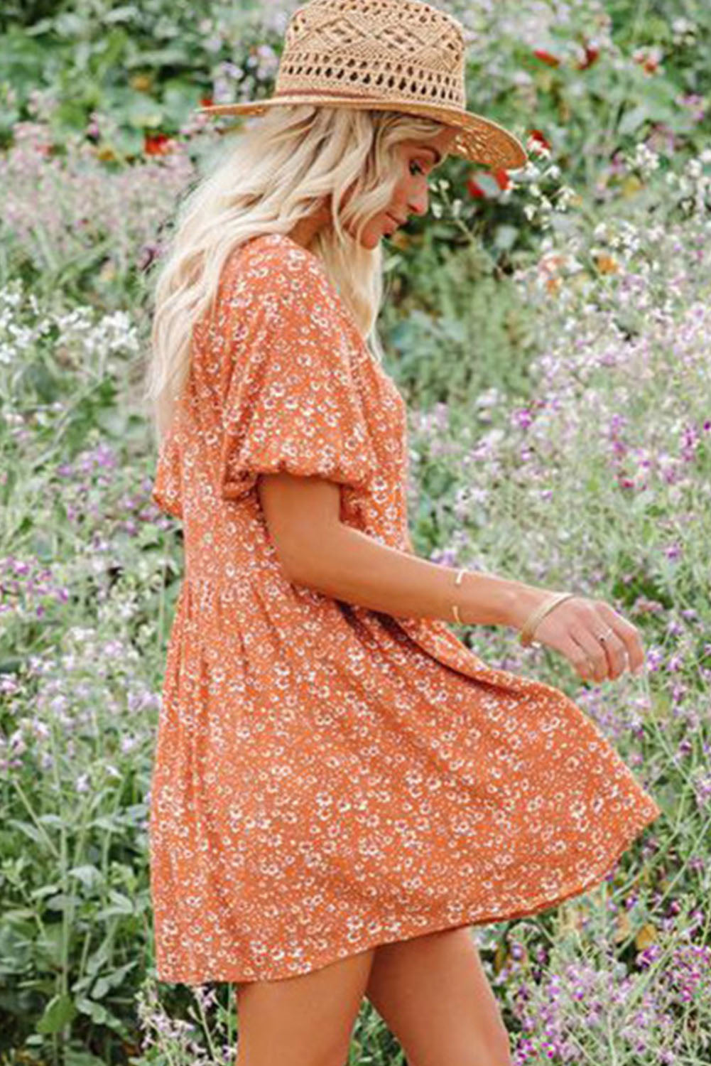 Orange Floral Boho Bishop Sleeve Short Dress