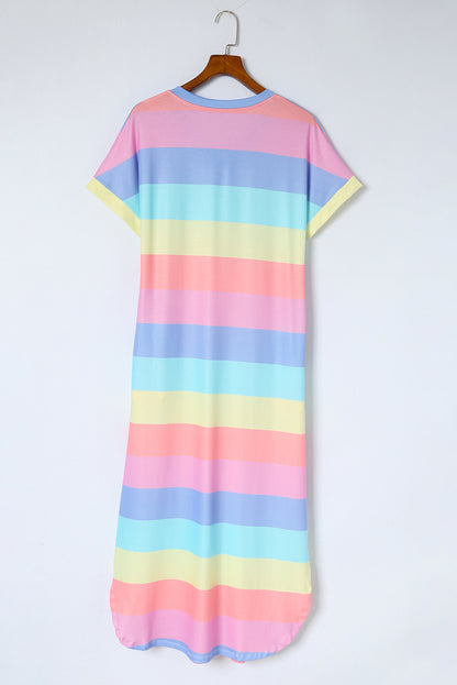 Multicolor Striped Side Split Pockets V Neck Maxi Shirt Dress