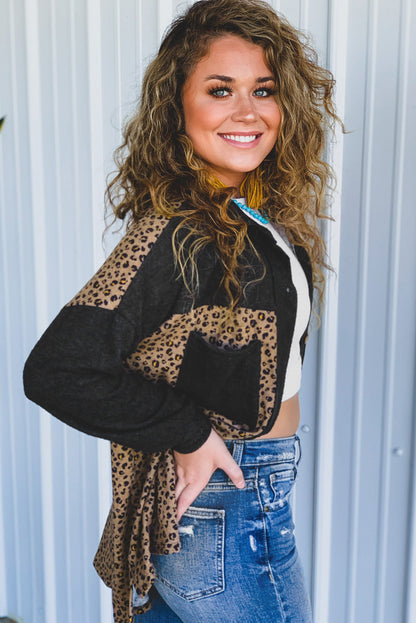 Black Casual Leopard Print Patchwork Shacket