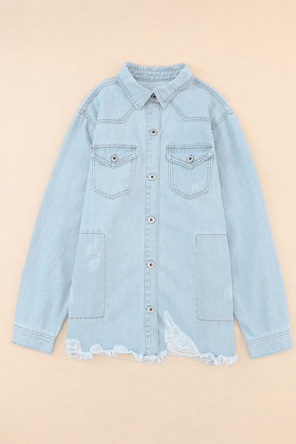 Light Blue Flap Pocket Buttoned Raw Hem Denim Shacket
