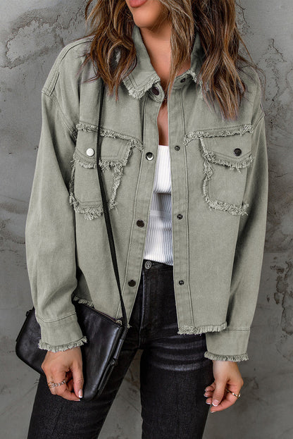 Green Distressed Flap Pockets Frayed Hem Denim Jacket