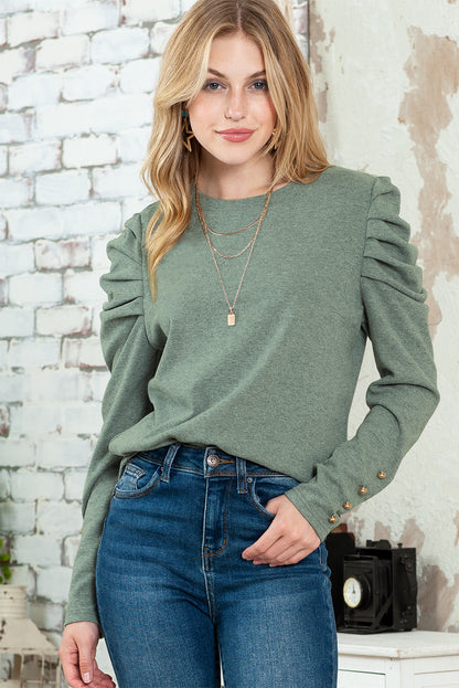 Green Basic Buttoned Puff Long Sleeve Sheath Top