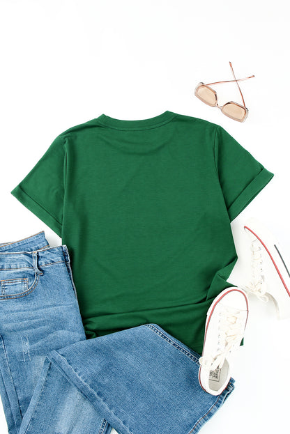 Green Plain Solid Color Crew Neck Tee