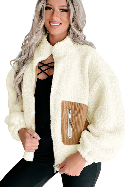 White Contrast Patched Pocket Zipped Sherpa Jacket