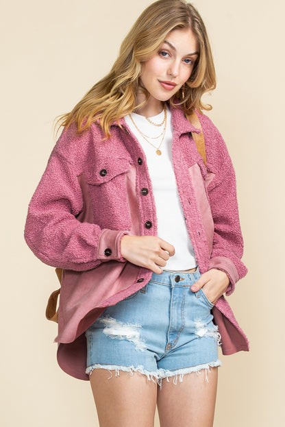 Pink Colorblock Buttoned Flap Pocket Sherpa Jacket