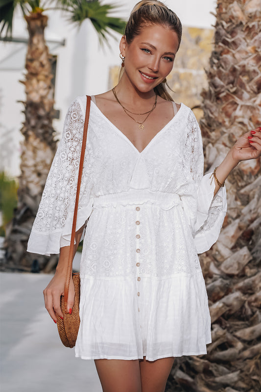 White V Neck Flutter Sleeve Short Crochet Lace Dress