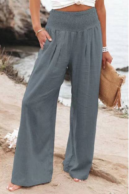 Brown Smocked Wide Waistband High Waist Wide Leg Pants