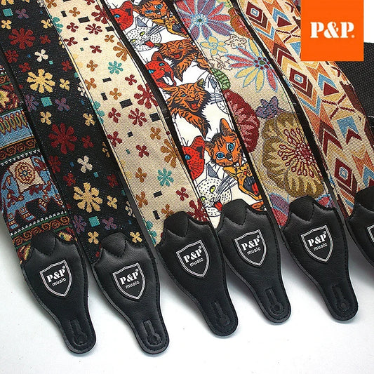 P&P Adjustable Embroidered Cotton Guitar Strap