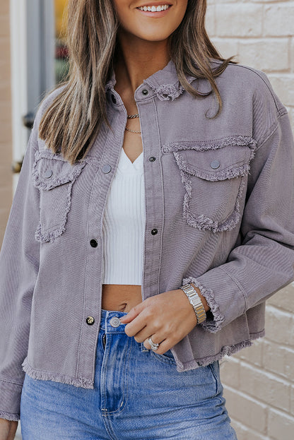 Green Distressed Flap Pockets Frayed Hem Denim Jacket