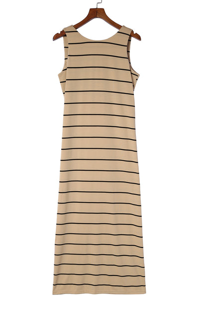 Brown Striped Backless Casual Side Slits Maxi Dress