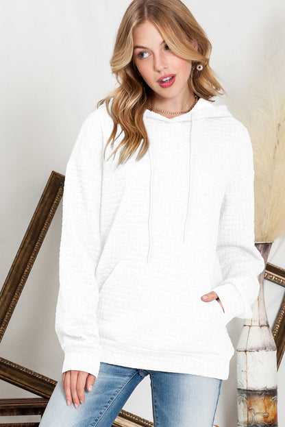 Khaki Lattice Textured Kangaroo Pocket Drawstring Hoodie
