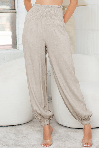 Apricot Smocked High Waist Loose Jogger Pants