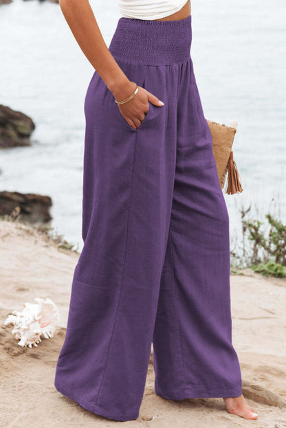 Brown Smocked Wide Waistband High Waist Wide Leg Pants